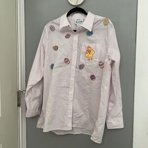 Vintage The Quaker Factory Pink Striped Cotton Embroidered Easter Button Up Sz L